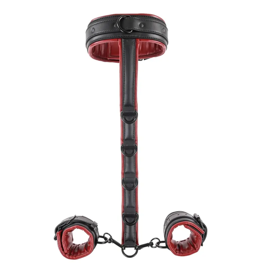 Sportsheets Saffron Neck and Wrist Restraint in black and red faux leather with wrist cuffs

