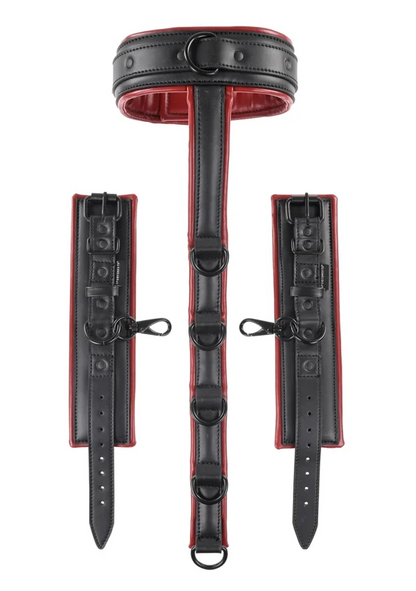Sportsheets Saffron Neck and Wrist Restraint in black and red faux leather with wrist cuffs

