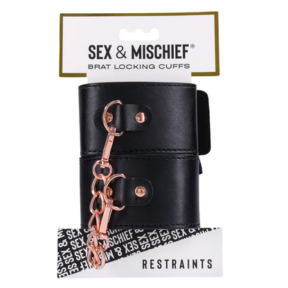 Sportsheets Brat Locking Cuffs – Black Vegan Leather with Rose Gold Accents