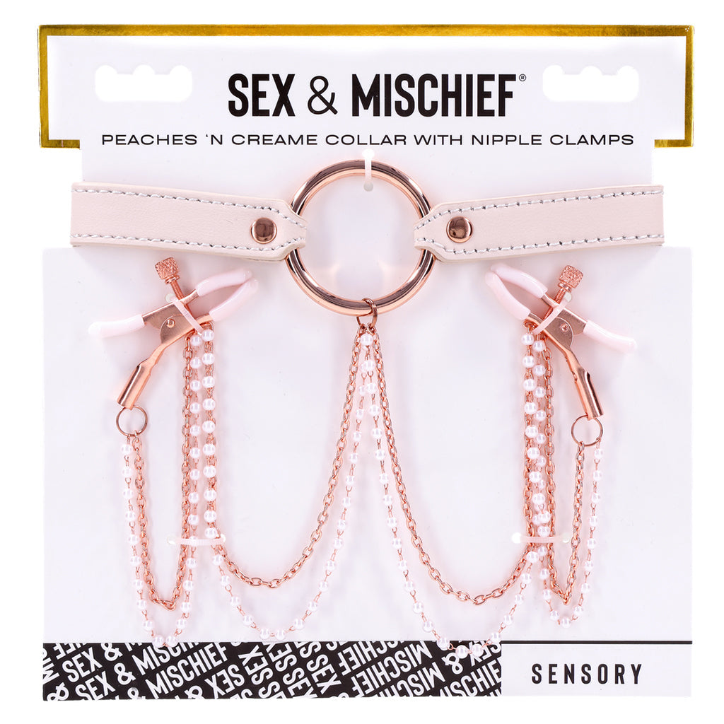 The product image shows the Sex & Mischief Peaches 'n Cream Collar with Nipple Clamps. The collar is peach-colored with rose gold hardware and faux pearl chain details.