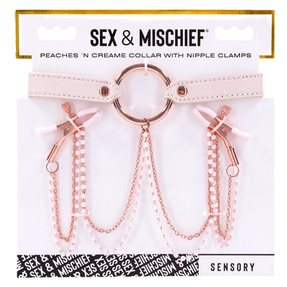 The product image shows the Sex & Mischief Peaches 'n Cream Collar with Nipple Clamps. The collar is peach-colored with rose gold hardware and faux pearl chain details.