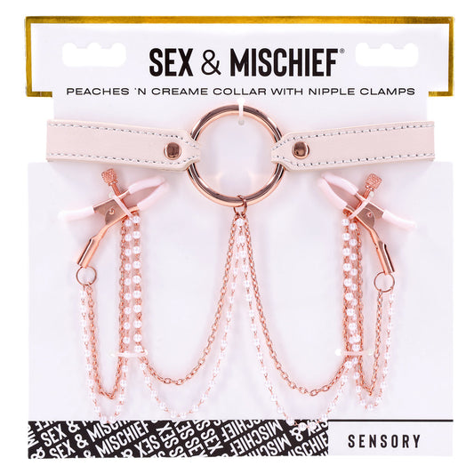 The product image shows the Sex & Mischief Peaches 'n Cream Collar with Nipple Clamps. The collar is peach-colored with rose gold hardware and faux pearl chain details.