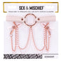 The product image shows the Sex & Mischief Peaches 'n Cream Collar with Nipple Clamps. The collar is peach-colored with rose gold hardware and faux pearl chain details.