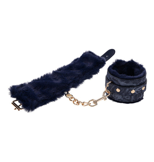 Navy blue faux fur bondage handcuffs with gold hardware by Sex & Mischief