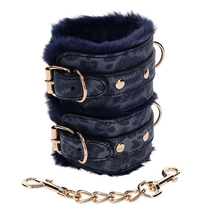 Navy blue faux fur bondage handcuffs with gold hardware by Sex & Mischief