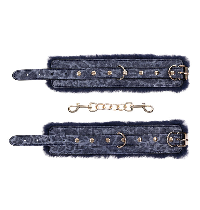 Navy blue faux fur bondage handcuffs with gold hardware by Sex & Mischief