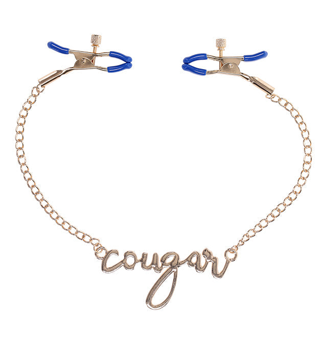 Luxurious blue and gold Cougar nipple clamps with adjustable tension and cursive chain detail