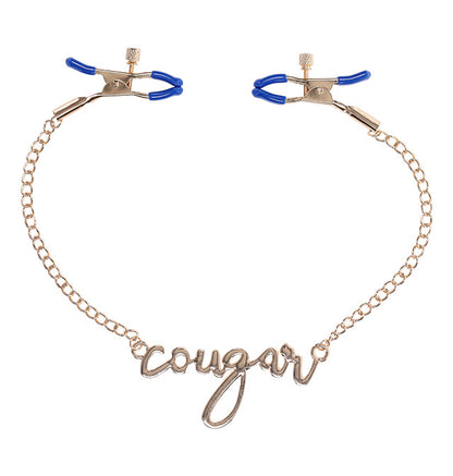 Luxurious blue and gold Cougar nipple clamps with adjustable tension and cursive chain detail