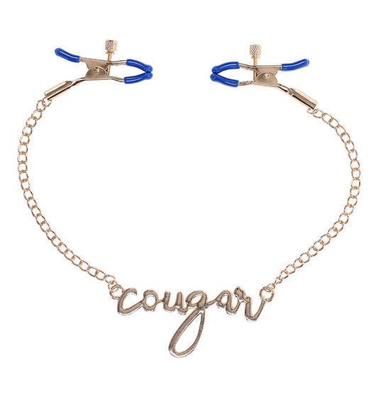 Luxurious blue and gold Cougar nipple clamps with adjustable tension and cursive chain detail