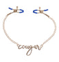 Luxurious blue and gold Cougar nipple clamps with adjustable tension and cursive chain detail