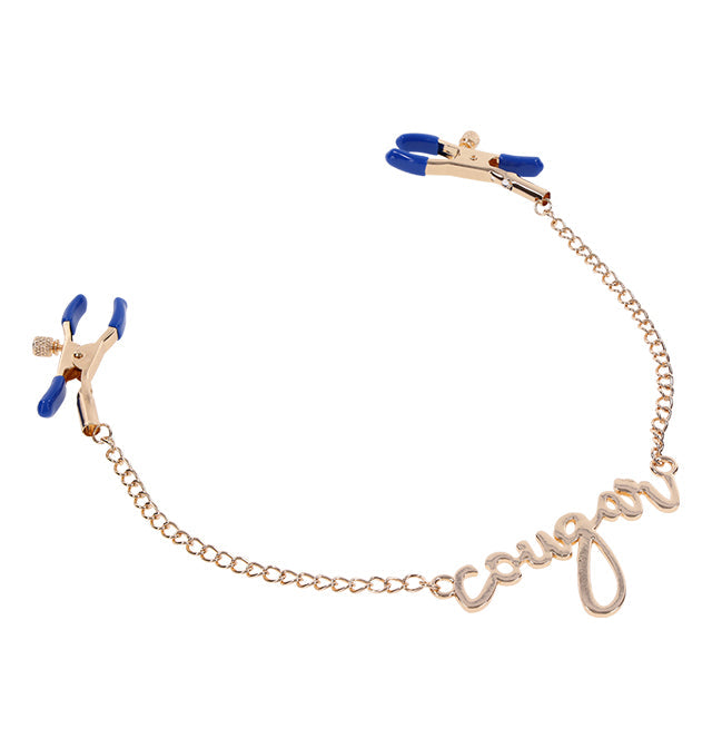 Luxurious blue and gold Cougar nipple clamps with adjustable tension and cursive chain detail