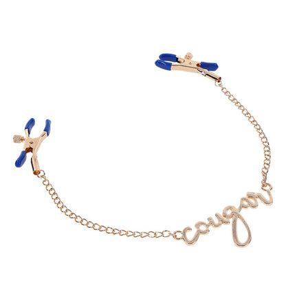 Luxurious blue and gold Cougar nipple clamps with adjustable tension and cursive chain detail