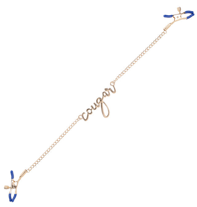 Luxurious blue and gold Cougar nipple clamps with adjustable tension and cursive chain detail