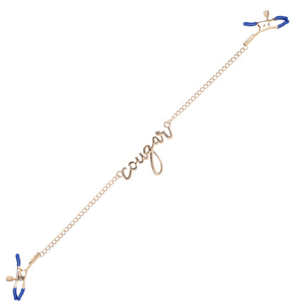 Luxurious blue and gold Cougar nipple clamps with adjustable tension and cursive chain detail