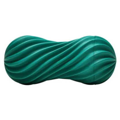 A fizzy green Tenga Flex Male Masturbator with a ribbed and spiral-shaped casing. The product is compact and designed for male use.