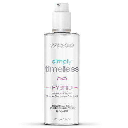 A bottle of Wicked Simply Timeless Hybrid Lubricant, 4 oz size, with a white and purple label, indicating it is a water-based hybrid lubricant with plant-derived squalane and vitamin E.